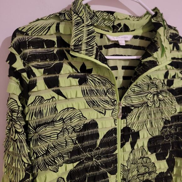 Erin London Womens Ruffle Full Zip Sweatshirt Size Large Lime Green Black Floral - Picture 2 of 7